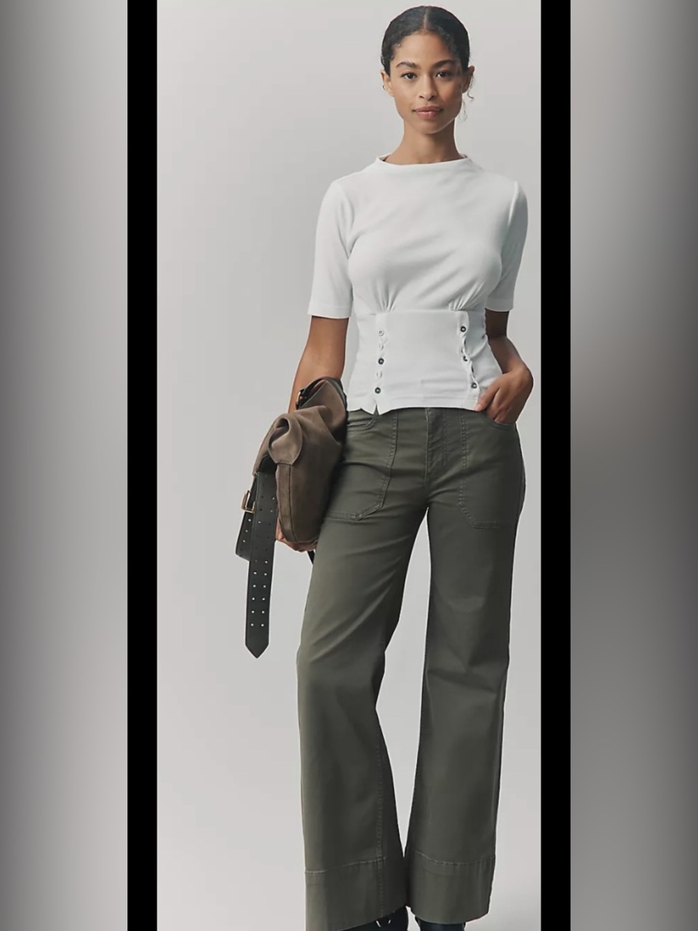 Pilcro White Ribbed Short Sleeve Top with Cinch Grommet Detail